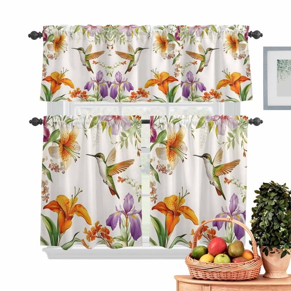 Retro Kitchen Curtains Valances 3 Piece Set, Spring Hummingbird Lily Flower Field Pastoral Scenery Rod Pocket Tier Curtain and Valance Drapes for Small Window 36 Inch Length for Bedroom Cafe