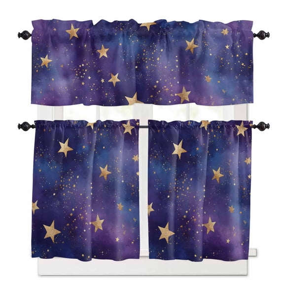 Retro Kitchen Curtains and Valances Set, Dream Gold Star Universe Space Starry Sky Farmhouse Rod Pocket Window Valance Window Curtain Panels for Living Room Bedroom Laundry, 27.5x24in, 3 Pieces