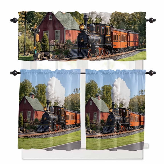 Retro Kitchen Curtains and Valances Set, Train Motor Vehicle Building Sky Grass Country Scenery Rod Pocket Window Valance Window Curtain Panels for Living Room Bedroom Laundry, 27.5x36in, 3 Pieces