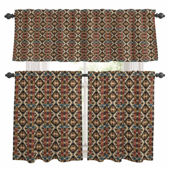 Retro Kitchen Curtains Valances and Tiers Set of 3 Country Southwest Brown Ethnic Style Pattern Tier Curtains and Valance with Rod Pocket for Small Windows, 27.5"x24"
