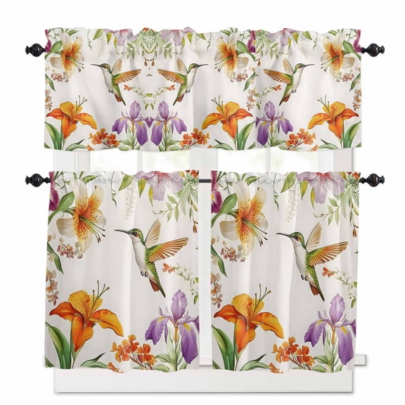 Retro Kitchen Curtains Valances and Tiers Set of 3 Spring Hummingbird Lily Flower Field Pastoral Scenery Tier Curtains and Valance for Kitchen Bathroom Small Windows 27.5"W x 24"L (Pack of 3)