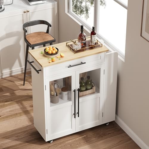 Retro Kitchen Island with Storage - 48" Farmhouse Coffee Bar Station with Glass Door Cabinet, Drawer, Spice Rack & Towel Rack for Dining Room (White and Natural Finish)$$Home Decor, Kitchen, & Other