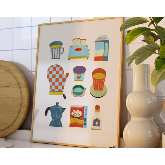 Retro Kitchen Items Poster • Food And Kitchenware Art Prints • Cute Kitchen Wall Art • Modern Kitchen Art • Cereal, Toaster, Coffee Wall Art Wall Art, Modern Wall Decor, 12x18 UNFRAMED