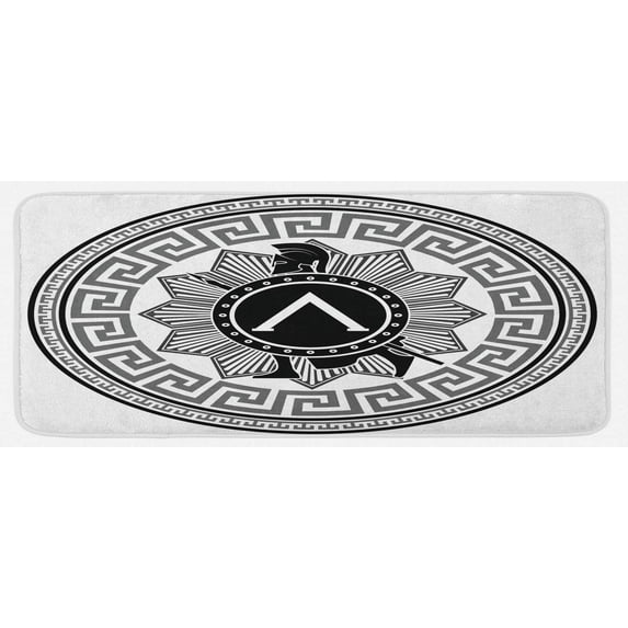 Retro Kitchen Mat, Concept of Greek Pattern Spartans Silhouette Retro Design, Plush Decorative Kitchen Mat with Non Slip Backing, 47" X 19", Grey Black