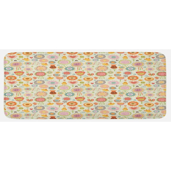 Retro Kitchen Mat, Retro Ornate Flowers in Drawing Style Little Hearts Singing Birds Garden, Plush Decorative Kitchen Mat with Non Slip Backing, 47" X 19", Multicolor, by Ambesonne
