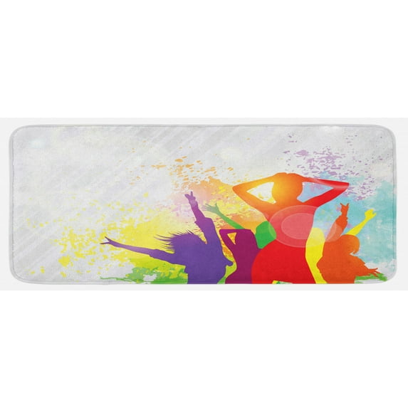 Retro Kitchen Mat, Party Theme Splashing Dancing Girls Abstract Illustration Design Pattern, Plush Decorative Kitchen Mat with Non Slip Backing, 47" X 19", Multicolor, by Ambesonne