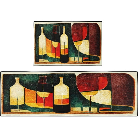 Retro Kitchen Mat Wine Red Painting Kitchen Rugs Sets of 2, Non-Slip Vintage Bar Grape Kitchen Floor Mats for in Front of Sink Kitchen Decor for Dining Room, Floor Home, Laundry