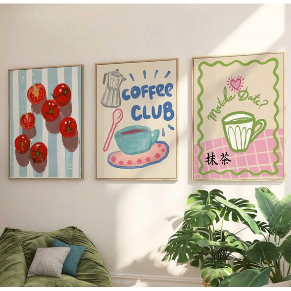 Retro Kitchen Maximalist Collage Coffee Club Matcha Aesthetic Set 3 Stretched Canvas 16x24