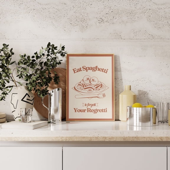 Retro Kitchen Print, Eat Spaghetti To Forgetti Your Regretti, Vintage Cartoon Poster, Red And Beige Wall Art, 70S Quote Decor,, Unframed Poster Size 16x24 F03.1.14l1216