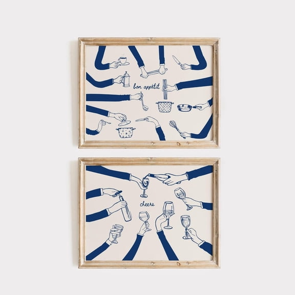 Retro Kitchen Print Set Navy Blue Dinner Party Bon Appetite Cheers Set 2 Stretched Canvas 16x24