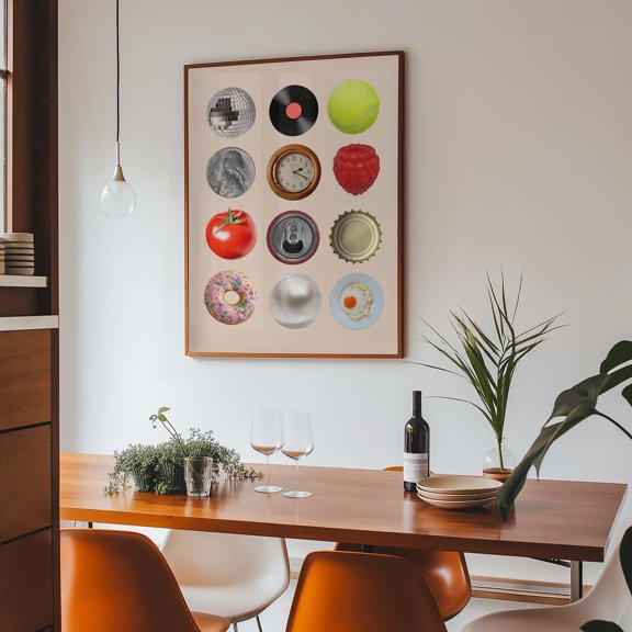 Retro Kitchen Print Whimsical Round Objects Collage