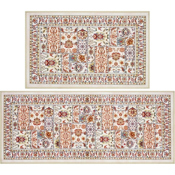 Retro Kitchen Rugs Sets of 2 Non Slip, Comfort Kitchen Rug and Mats Washable, Boho Kitchen Area Rug Floor Carpet for Sink Anti Fatigue Runner Mat Absorbent, 17" X 32" + 17" X 48" Pink Bohemian