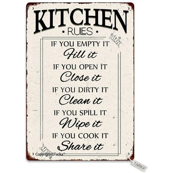 Retro Kitchen Rules Metal Wall Sign, Inspirational Quote Decoration, 8 x 12 Inch