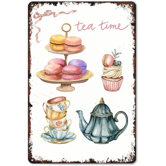 Retro Kitchen, Tea Time Funny Metal Tin Signs 8x12 Inch Aluminum Vintage Poster-For Living Bathroom Room Kitchen Bedroom Patio Wall Decor