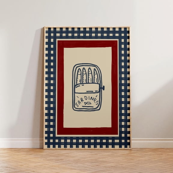 Retro Kitchen Wall Art Checkered Kitchen Print Mid Century Modern Wall Art Vintage Style Kitchen Wall Art Sardines Print Blue Red Print