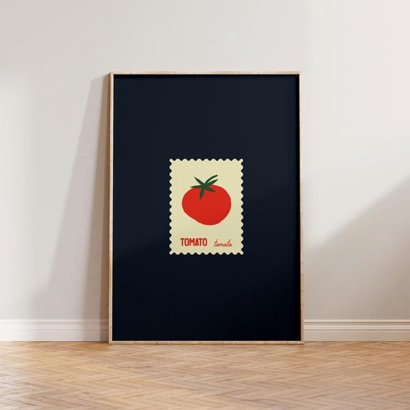 Retro Kitchen Wall Art, Tomato Stamp Print, Dark Blue Kitchen Print, Kitchen Prints, Restaurant Poster, Stamp Wall Art, Food Kitchen Art, Poster Only
