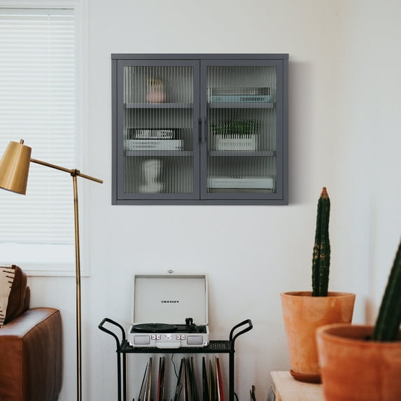 Retro Kitchen Wall Cabinet, Haze Storage Cabinet with Detachable Shelves and Double Glass Doors, Metal Mount Cupboard for Dining Room Living Room Bathroom, Gray