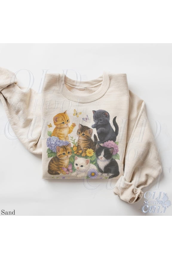 Retro Kitten Sweatshirt , 90s Vintage Cute Cats Pullover, Boho Unisex Floral Cat Butterfly Graphic Crewneck