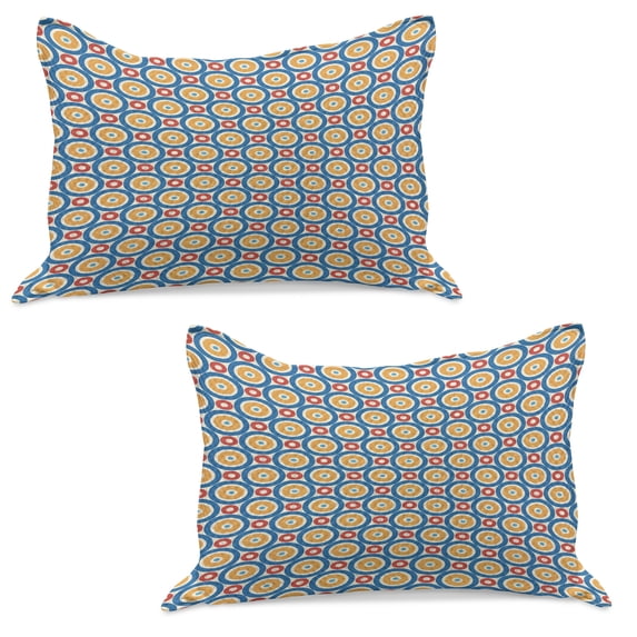 Retro Knitted Quilt Pillowcover Set of 2, Big and Small Circles with Dots Vibrant Colored Symmetrical Tile Pattern, Standard Queen Pillow Sham Bedroom, 30" x 20", Marigold Scarlet Blue, by Ambesonne