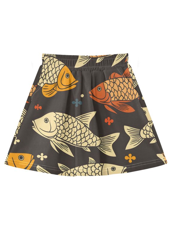 Retro Koi Fish Pattern Cotton Skirt Built-in Liner Elastic A-Line Flared Skirt with Pockets