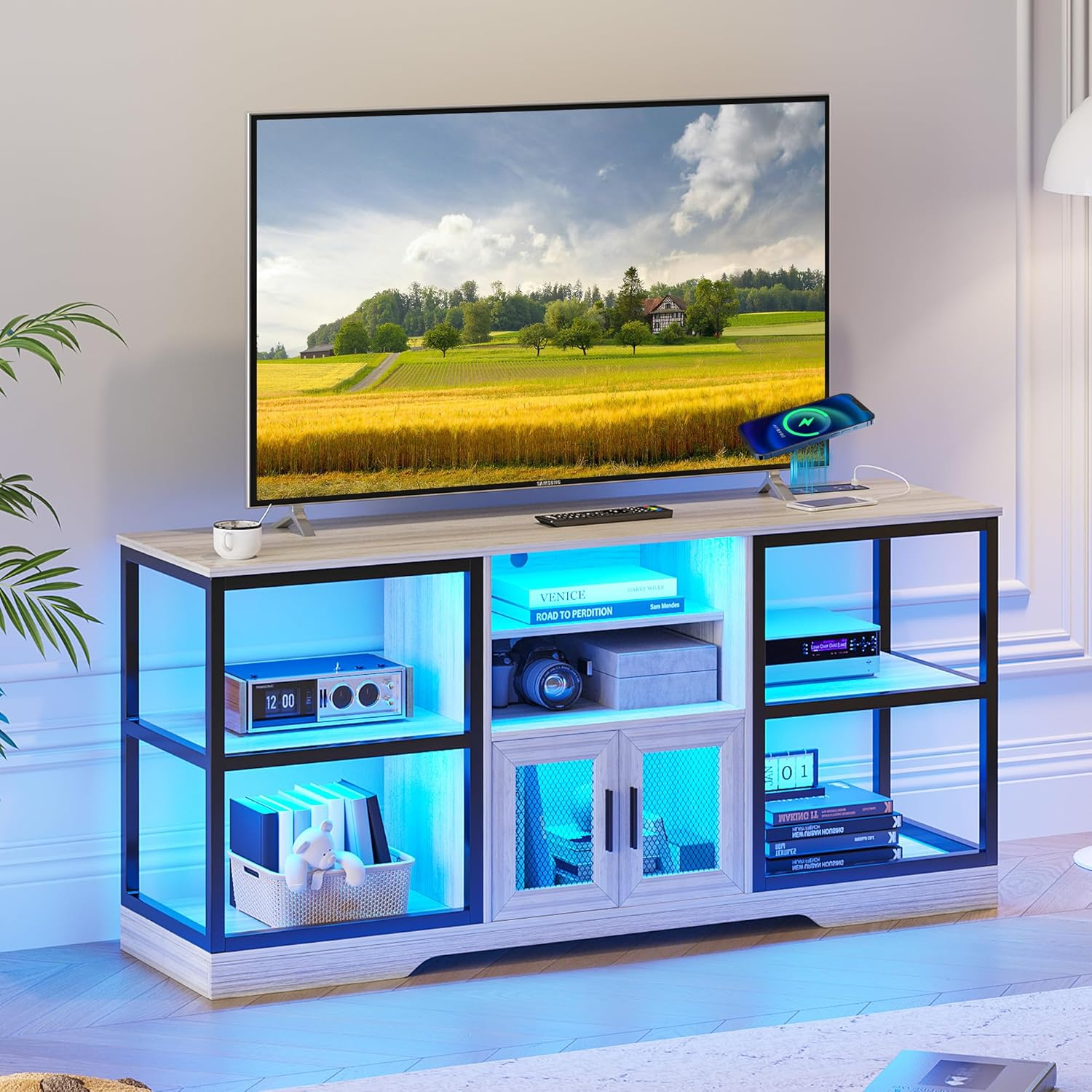 Retro LED TV Stand for 65 inch TV Farmhouse TV Console with 6