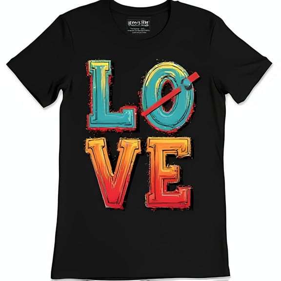 Retro LOVE Graphic Black T-Shirt with Playful Crossed Out O Design