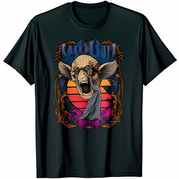 Retro Labyrinth Creature Graphic Black T-Shirt for Fans Vivid Sunset Design