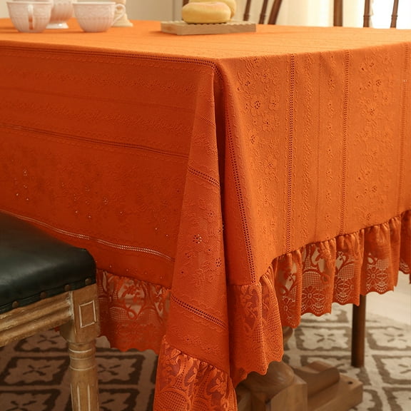 Retro Lace Ruffle Tablecloth Beige Plum Blossom Embroidery Rectangular Table Cover for Home Patio Wedding Picnic Kitchen Indoor Outdoor Holiday Dining Decor (Orange, 140*180cm)