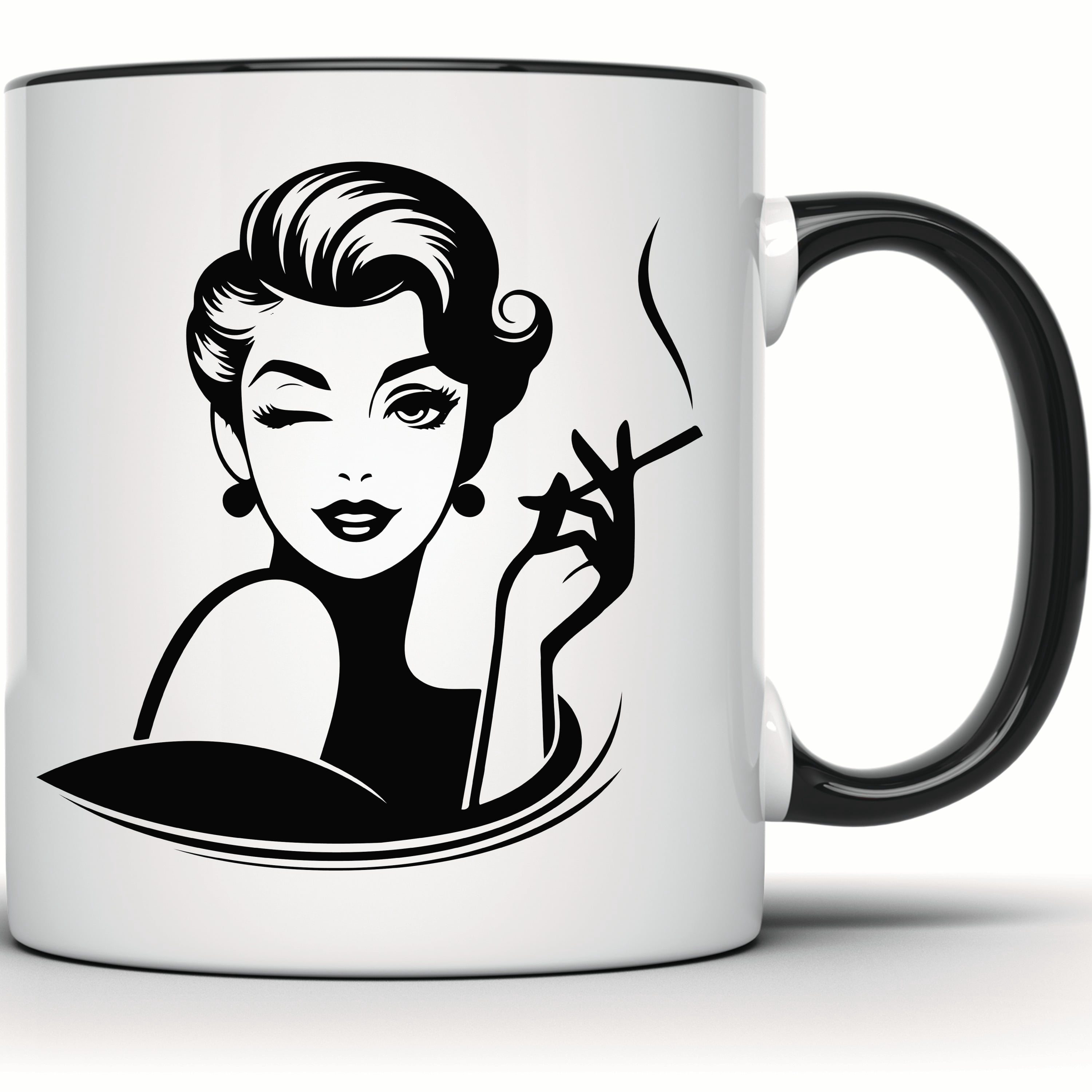 Retro Lady Smoking Mug - Winking Vintage Glamour Graphic Coffee Mug -  Unique Gift Idea for Her - Stylish Retro Mug - 11 Ounce Black Rim Handle  Novelty Coffee Cup - WMUG1876-BLK