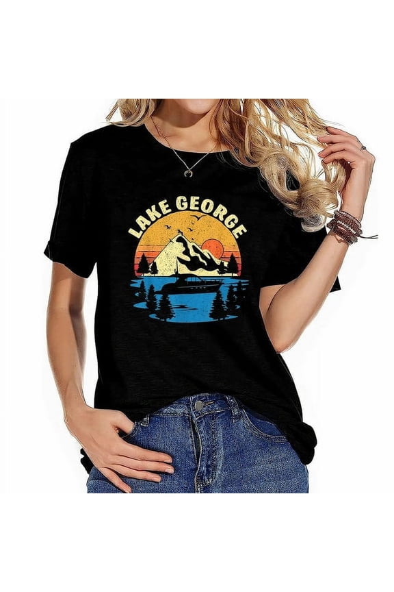 Retro Lake George New York Vintage Sunset Mountain Boat Women's Black T-Shirt Summer Vacation Souvenir Graphic Tee