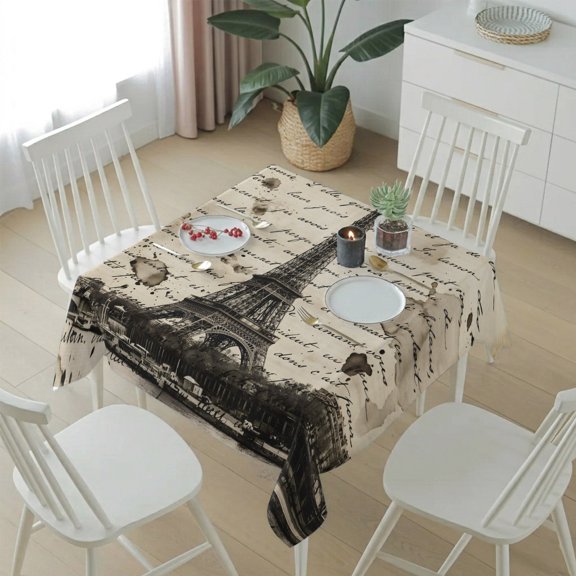 Retro Landmark Icon on Beige Table Cloth 54x54in, Waterproof Square Tablecloth Wipeable Tablecloths Retro Letter Background Table Covers for Dining Tables Party Indoor Outdoor