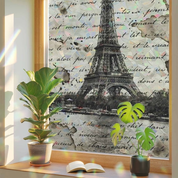 Retro Landmark Icon on Beige Window Privacy Film, Rainbow Film Decorative Window Sticker 17.7x39.3in, Retro Letter Background Sun Blocking Static Stained Glass Cling Tint Non-Adhesive