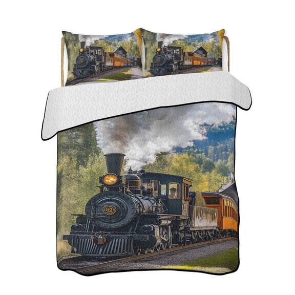 Retro Landscape 3 Piece Quilt Bedding Set with 2 Pillow Shams, Nature Train Steam Mountain Forest Country Lightweight Bedspread Coverlet, Soft Breathable All Season Quilt, 68 x 98 Inch