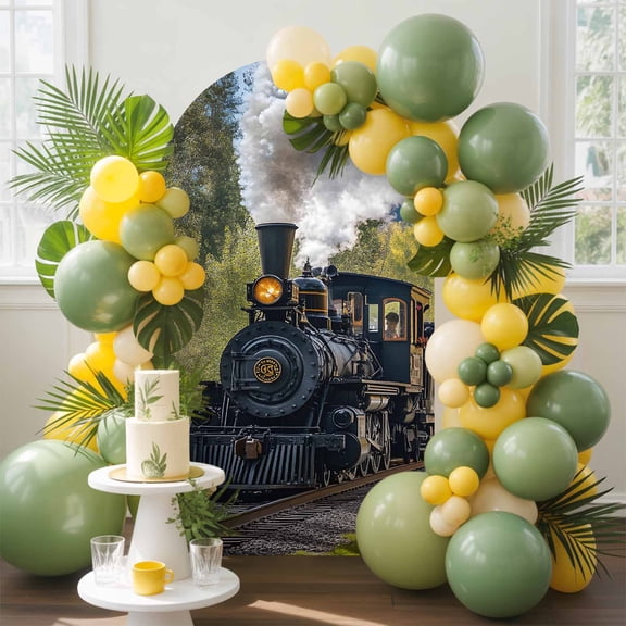 Retro Landscape Arch Backdrop Cover, 6FT, Nature Train Steam Mountain Forest Country Spandex Arch Covers Double-Sided Backdrop for Wedding Birthday Party Photo Background Decoration