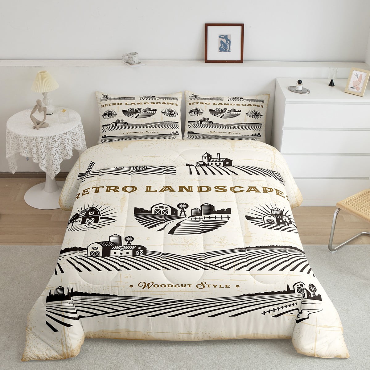 Retro Landscape Bedding Queen Size Rustic Farmhouse Bedding Comforter