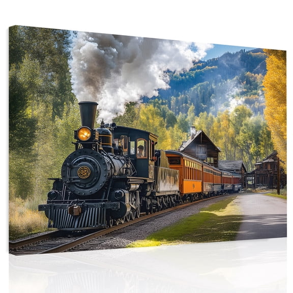 Retro Landscape Canvas Print Wall Art, Nature Train Steam Mountain Forest Country Wall Decor Modern Artwork Paintings Pictures for Living Room Framed and Stretched Ready to Hang, 24" x 32"