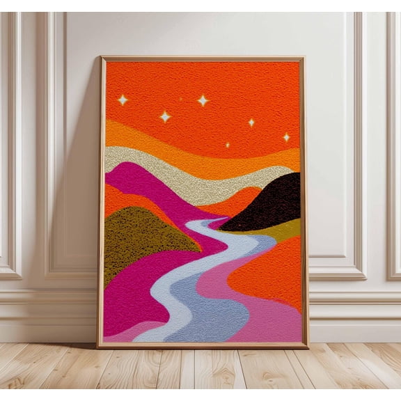 Retro Landscape Colorful Abstract Psychedelic River Vibrant Boho Decor Unframed Paper Print