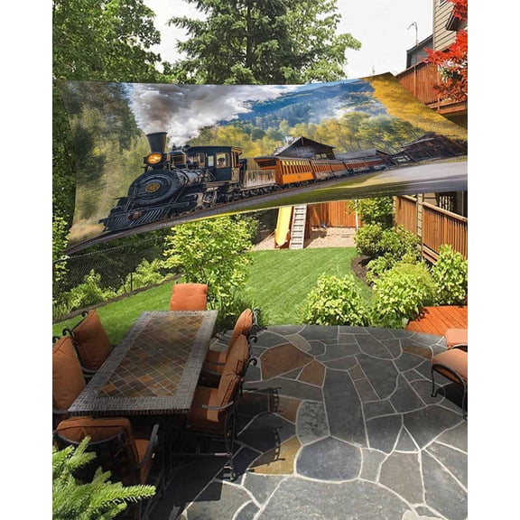 Retro Landscape Waterproof Sun Shade Sail Nature Train Steam Mountain Forest Country Outdoor Patio Sun Shades Canopy UV Block Waterproof Sunshade for Garden Backyard Deck Pergola 6.5x10 Ft