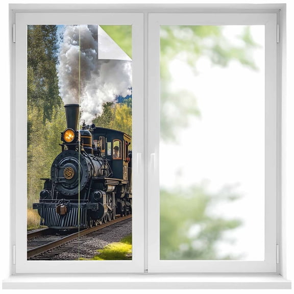 Retro Landscape Window Privacy Film Nature Train Steam Mountain Forest Country Decorative Glass Window Film UV Blocking Static Cling Non-Adhesive Sticker Covering for Home Door 17.7 x 39.3 inches