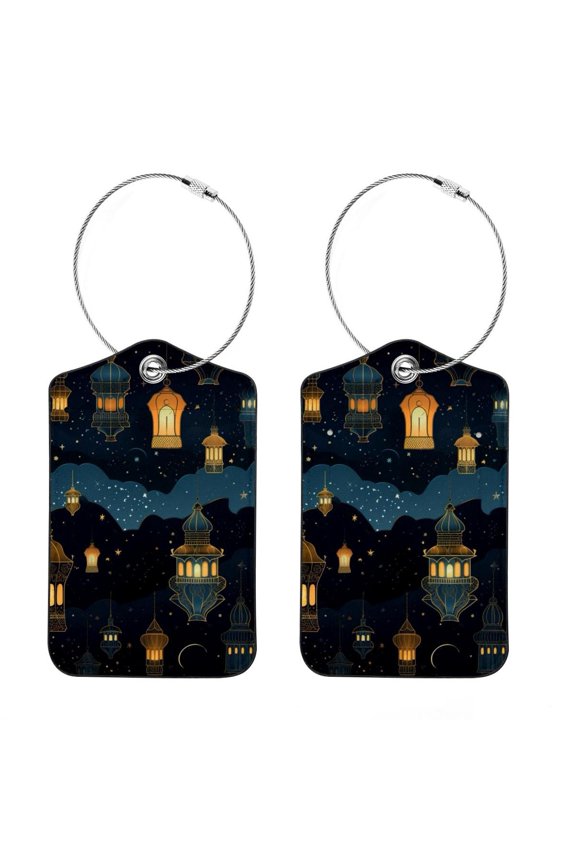 Retro Lantern Square PU Leather Luggage Tags - 2 Pack with Privacy Cover and Stainless Steel Ring - Suitable for Travel, Backpack, Handbag - Suitcase Tags, Travel Tag