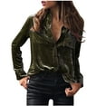 thumbnail image 1 of Retro Lapel Velvet Shirts, Women Button Down Long Sleeve V Neck Blouses, Vintage Velour Solid Tunic Top T-Shirts, 1 of 4