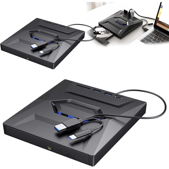 Retro Laptop CD DVD Player USB C 3.0 Portable CD Burner, 2026 Upgraded 7-in-1 External Optical Drive DVD Burner, Ultra Slim Plug-and-Play for Laptop/Desktop, with U Disk & Card Expansion (1)