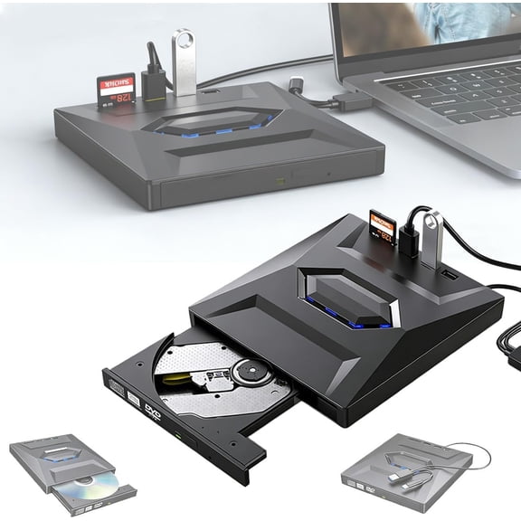 Retro Laptop CD DVD Player USB C 3.0 Portable CD Burner, Plug-and-Play Upgrade Retro Laptop DVD Playe, 7-in-1 USB3.0/Typec Slim External Optical Drive with SD Card for Laptops & Desktop