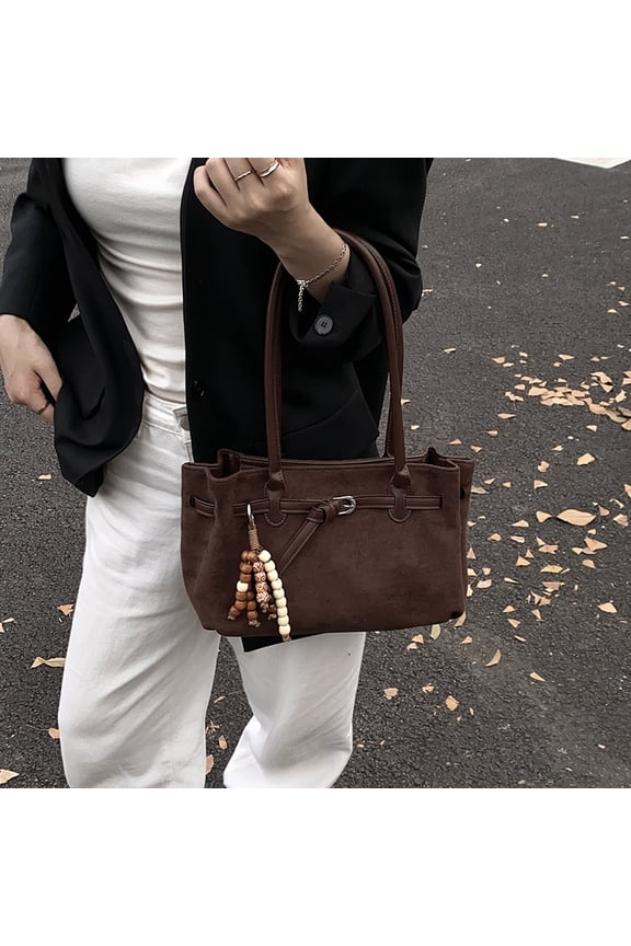 Retro Large Capacity Suede Tote Bag for Women & Girls, Belt Buckle Design Shoulder Handbag with Beaded Charm, Versatile for Fall & Winter Daily & Work Use (13.39" x 7.87" x 2.76", 0.88 lb)