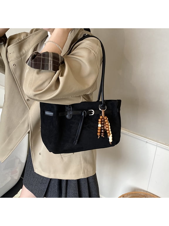 Retro Large Capacity Suede Tote Bag for Women & Girls, Belt Buckle Design Shoulder Handbag with Beaded Charm, Versatile for Fall & Winter Daily & Work Use (13.39" x 7.87" x 2.76", 0.88 lb)