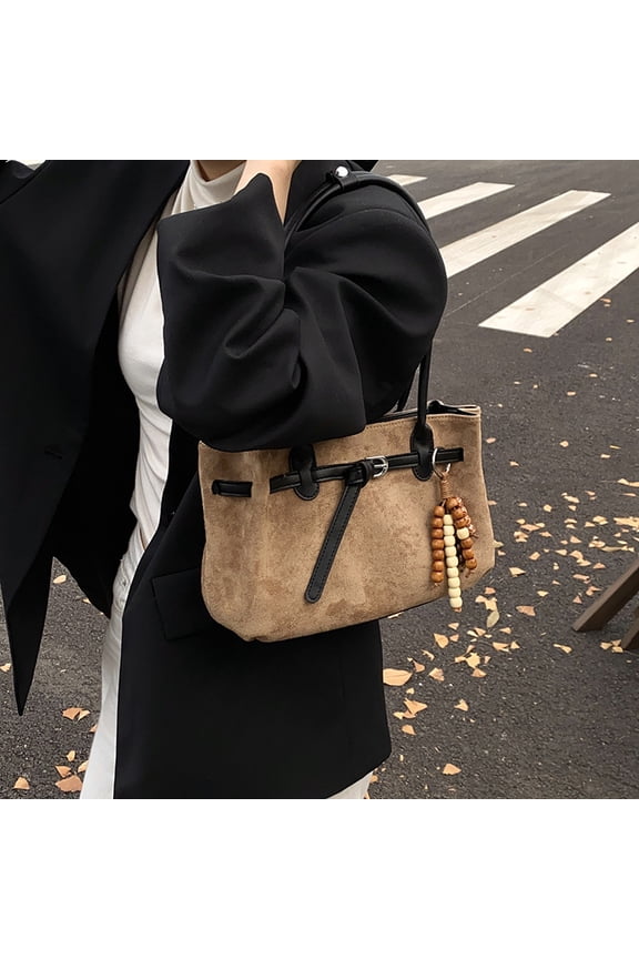 Retro Large Capacity Suede Tote Bag for Women & Girls, Belt Buckle Design Shoulder Handbag with Beaded Charm, Versatile for Fall & Winter Daily & Work Use (13.39" x 7.87" x 2.76", 0.88 lb)