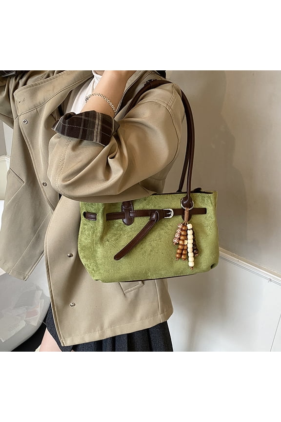 Retro Large Capacity Suede Tote Bag for Women & Girls, Belt Buckle Design Shoulder Handbag with Beaded Charm, Versatile for Fall & Winter Daily & Work Use (13.39" x 7.87" x 2.76", 0.88 lb)