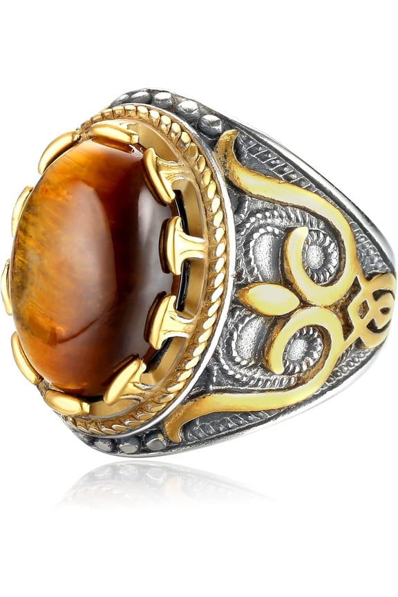 Retro Large Tiger Eye Stone Mens Ring Turquoise Vintage Ring for Men Oval Gemstone Stainless Steel Ring Size 7-13