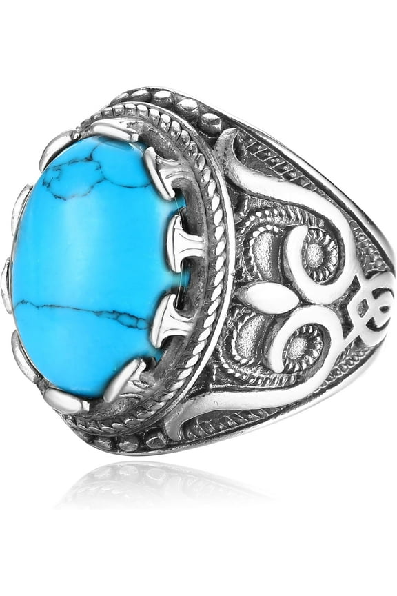 Retro Large Tiger Eye Stone Mens Ring Turquoise Vintage Ring for Men Oval Gemstone Stainless Steel Ring Size 7-13