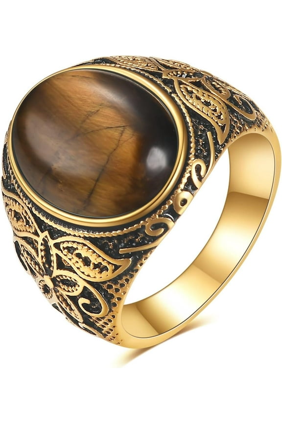 Retro Large Tiger Eye Stone Turquoise Wedding Ring For Men Classical Gothic Stainless Steel Rings